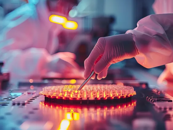 Engineer handling a semiconductor wafer with tweezers