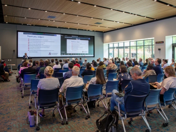 Tomás Díaz de la Rubia, U of A senior vice president for research and partnerships, delivers remarks at the May 12 pitch event for the Big Idea Challenge
