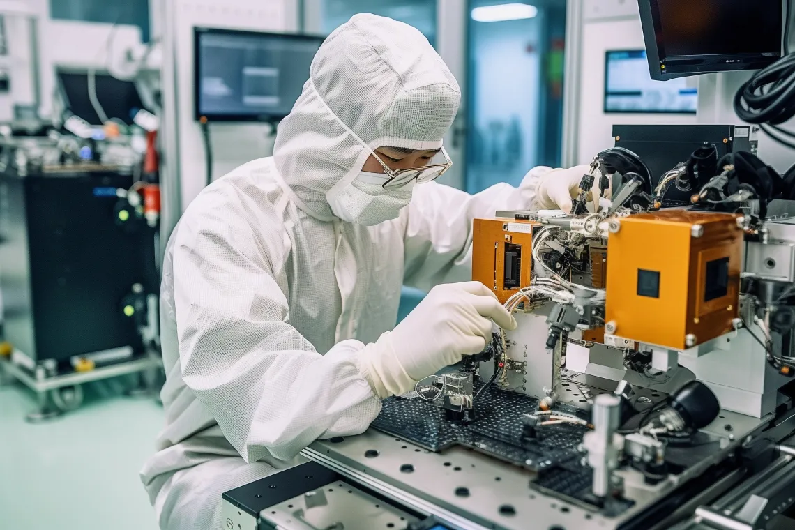 Worker in a chip transistor factory