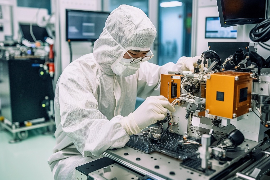 Worker in a chip transistor factory