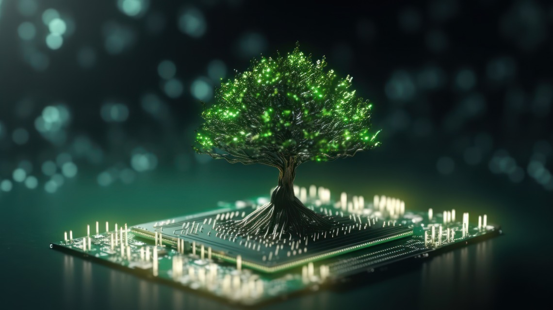 Eco-Innovation Green Tree on Circuit Board as Metaphor for Sustainable Tech Growth.