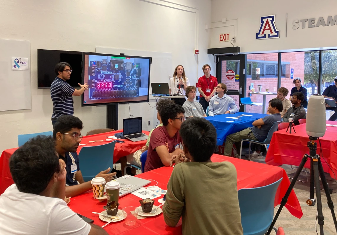 Dr. Soheil Salehi presents to students at the AI-HDL kickoff event.